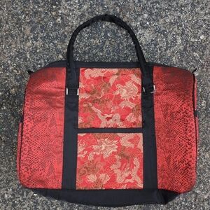 Red, black, & gold, Vintage Satin Dragon Print Tote Over Night Bag XL